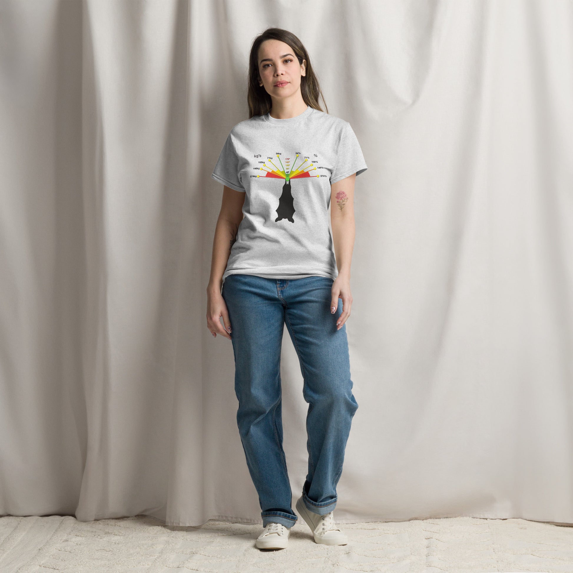 Unisex classic tee in ash featuring a caving bat vector design by Knot Qualified.