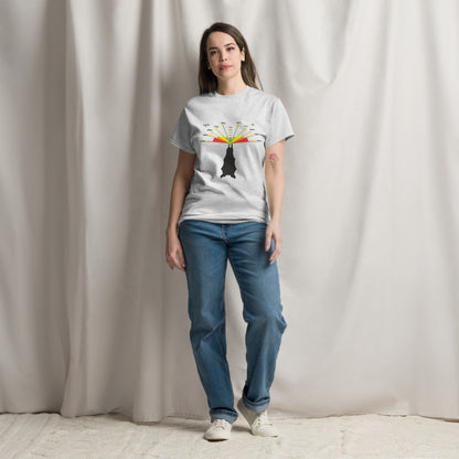 Unisex classic tee in ash featuring a caving bat vector design by Knot Qualified.