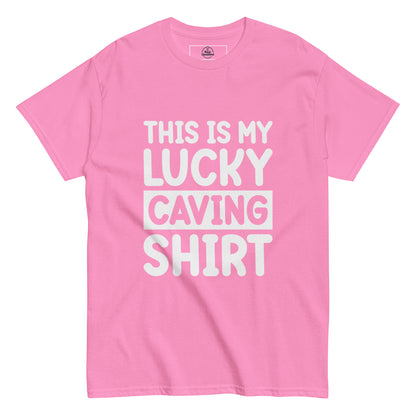 Unisex classic tee in azalea color featuring "This is my Luck" design by Knot Qualified.