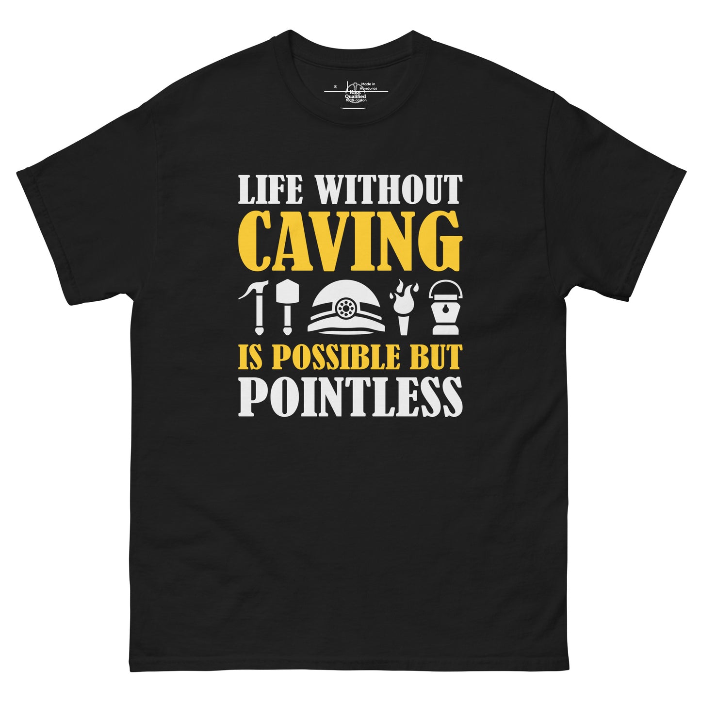 Unisex black classic tee featuring "Life Without Caving" graphic by Knot Qualified.