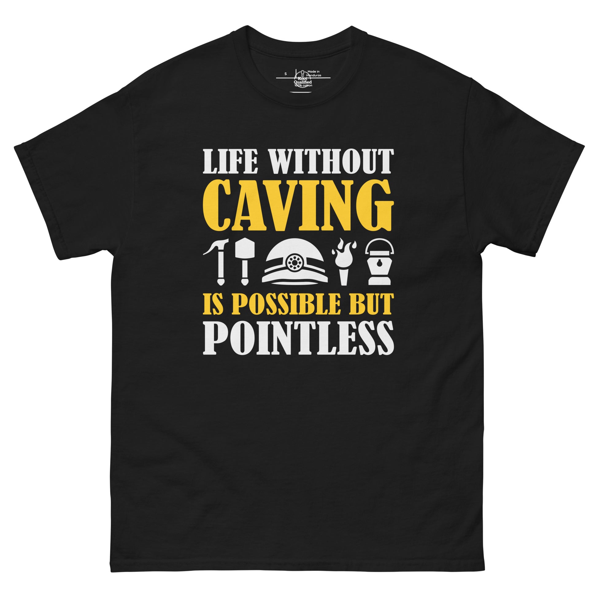 Unisex black classic tee featuring "Life Without Caving" graphic by Knot Qualified.
