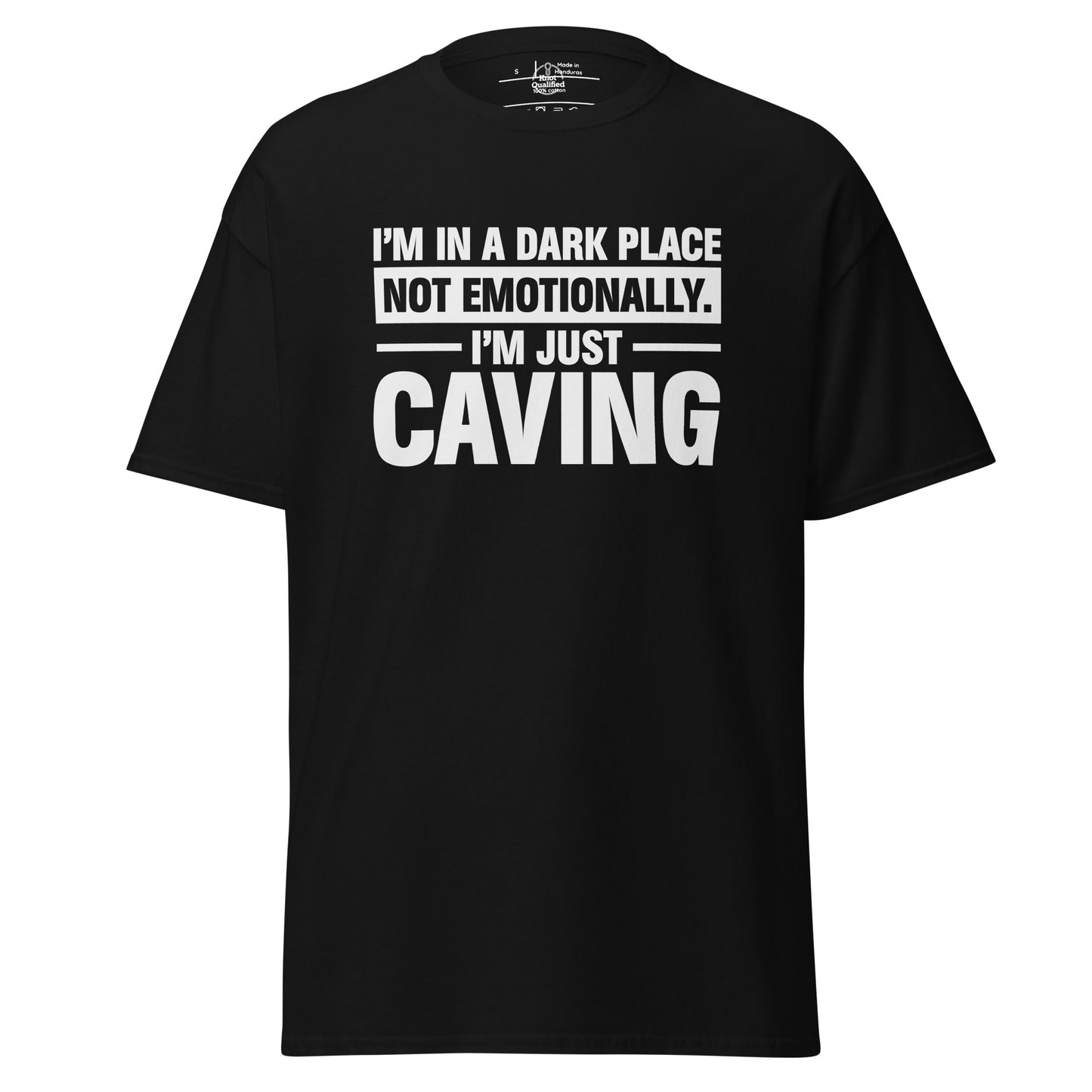 Black unisex classic tee featuring "I'm in a Dark Place" graphic by Knot Qualified.