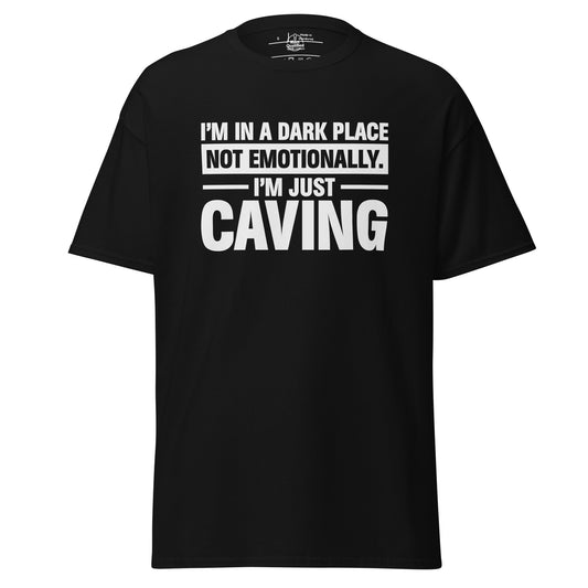 Black unisex classic tee featuring "I'm in a Dark Place" graphic by Knot Qualified.