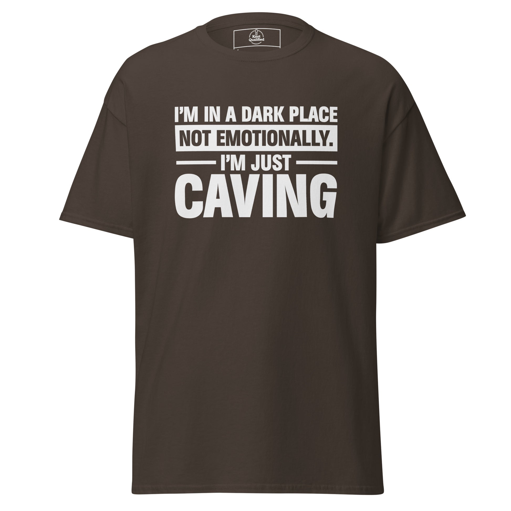 Unisex classic dark chocolate t-shirt featuring "I'm in a Dark Place" graphic by Knot Qualified.