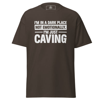 Unisex classic dark chocolate t-shirt featuring "I'm in a Dark Place" graphic by Knot Qualified.