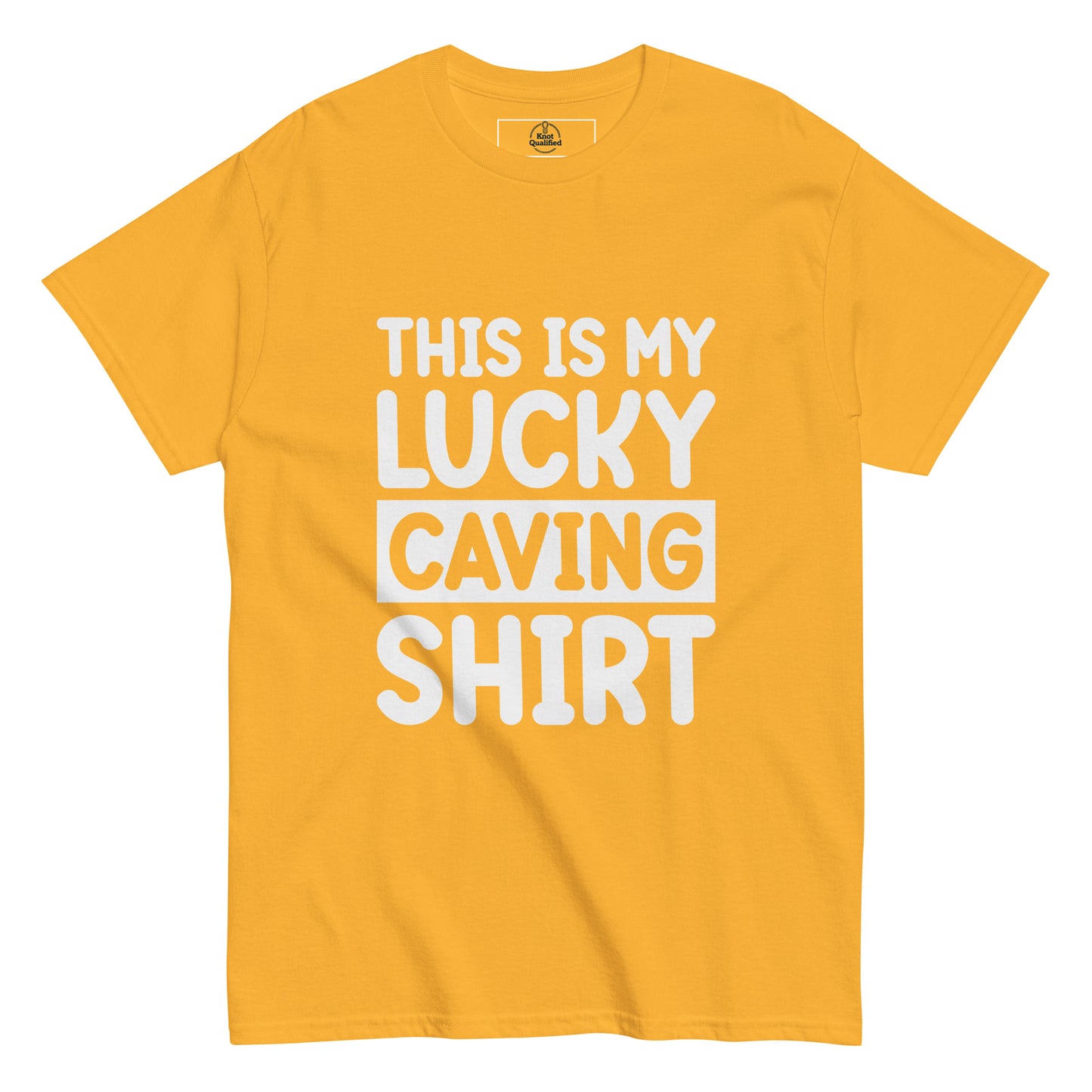 Unisex classic gold T-shirt featuring "This is my Luck" design by Knot Qualified.