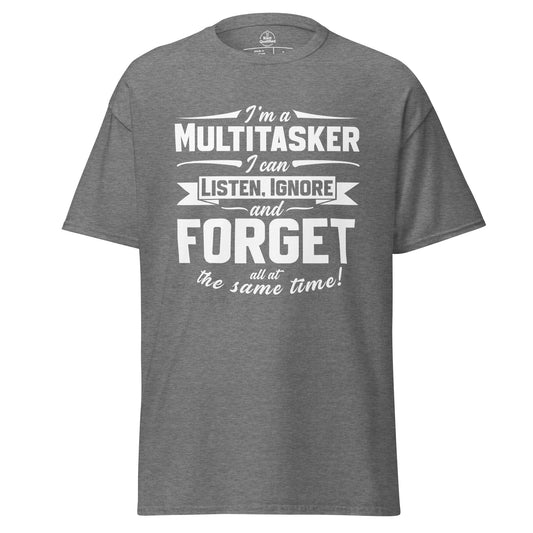 Gray unisex classic tee featuring "I'm A Multitasker" graphic, perfect gift for men and women by Knot Qualified.