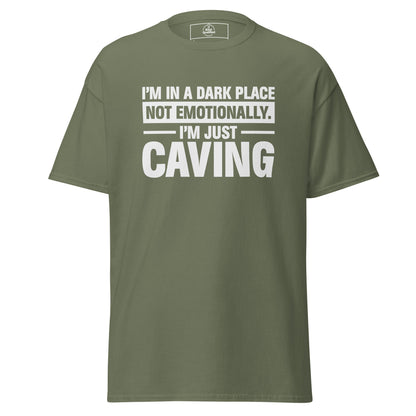 Unisex military green "I'm in a Dark Place" caving tee by Knot Qualified, featuring a classic fit and bold graphic design.