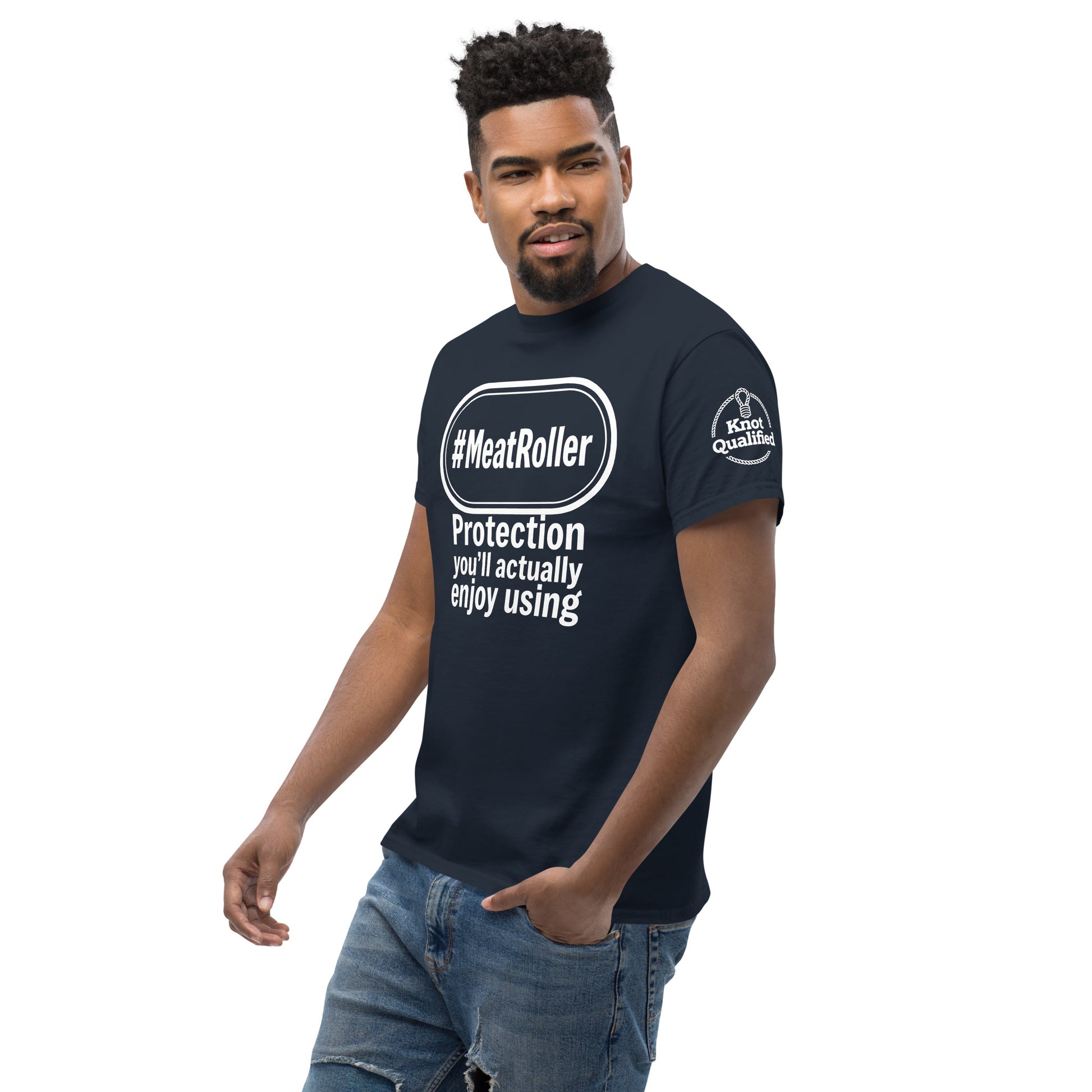 Navy unisex classic tee by Knot Qualified featuring a stylish Meatroller graphic on the front.