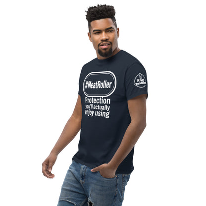 Navy unisex classic tee by Knot Qualified featuring a stylish Meatroller graphic on the front.