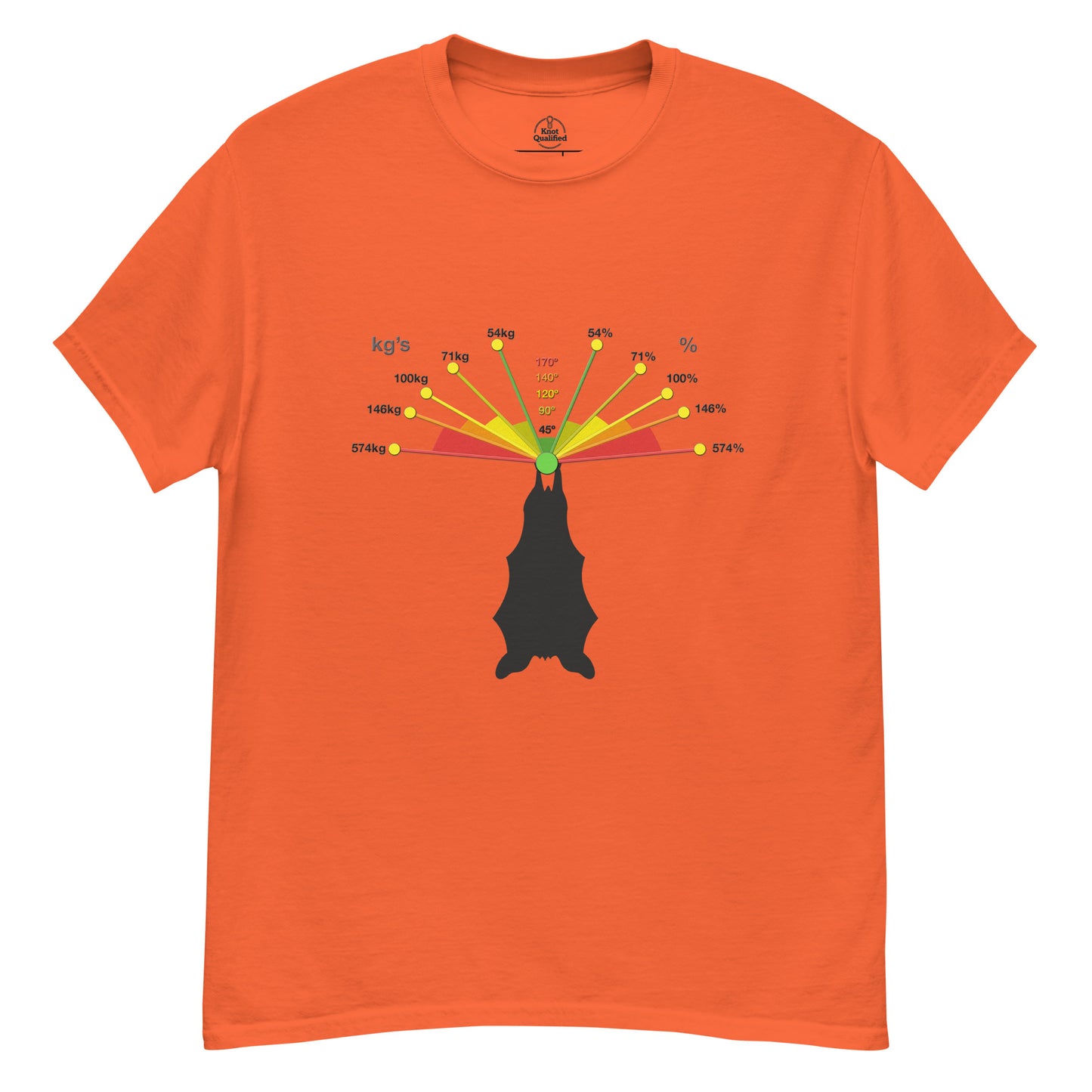 Unisex orange T-shirt featuring a Caving Bat graphic by Knot Qualified on the front.