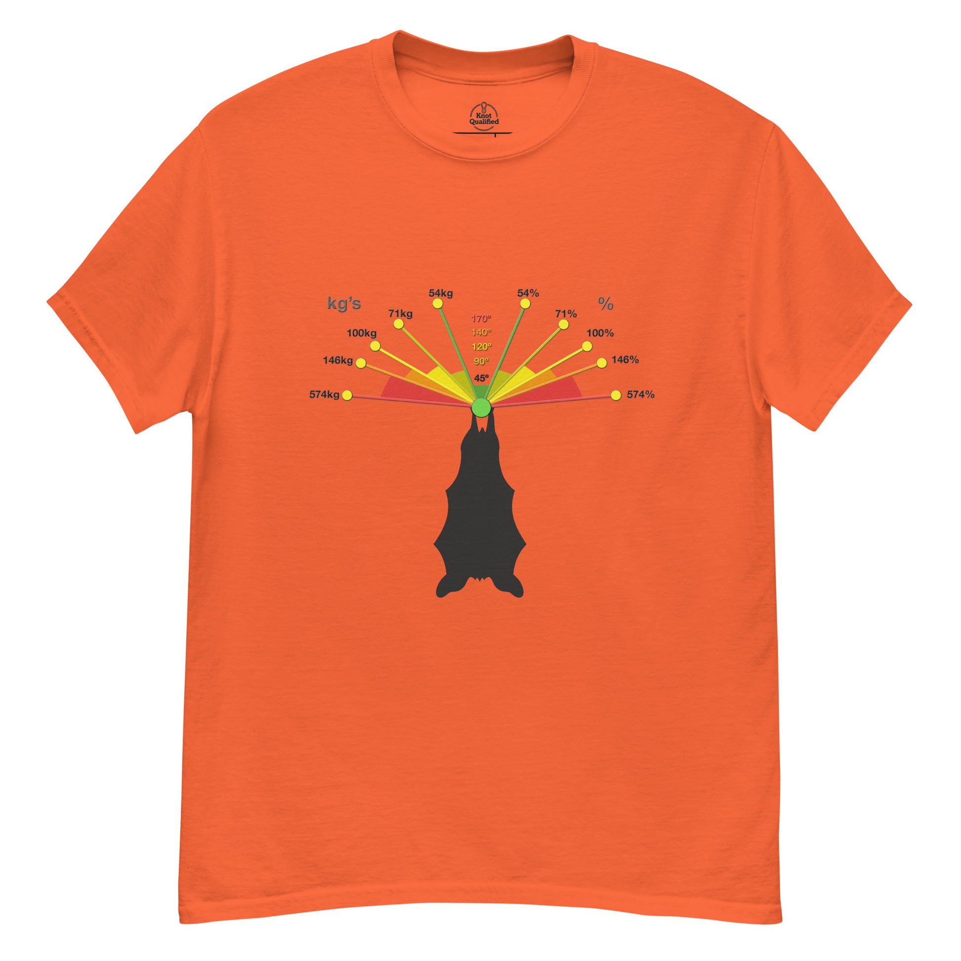 Unisex orange T-shirt featuring a Caving Bat graphic by Knot Qualified on the front.