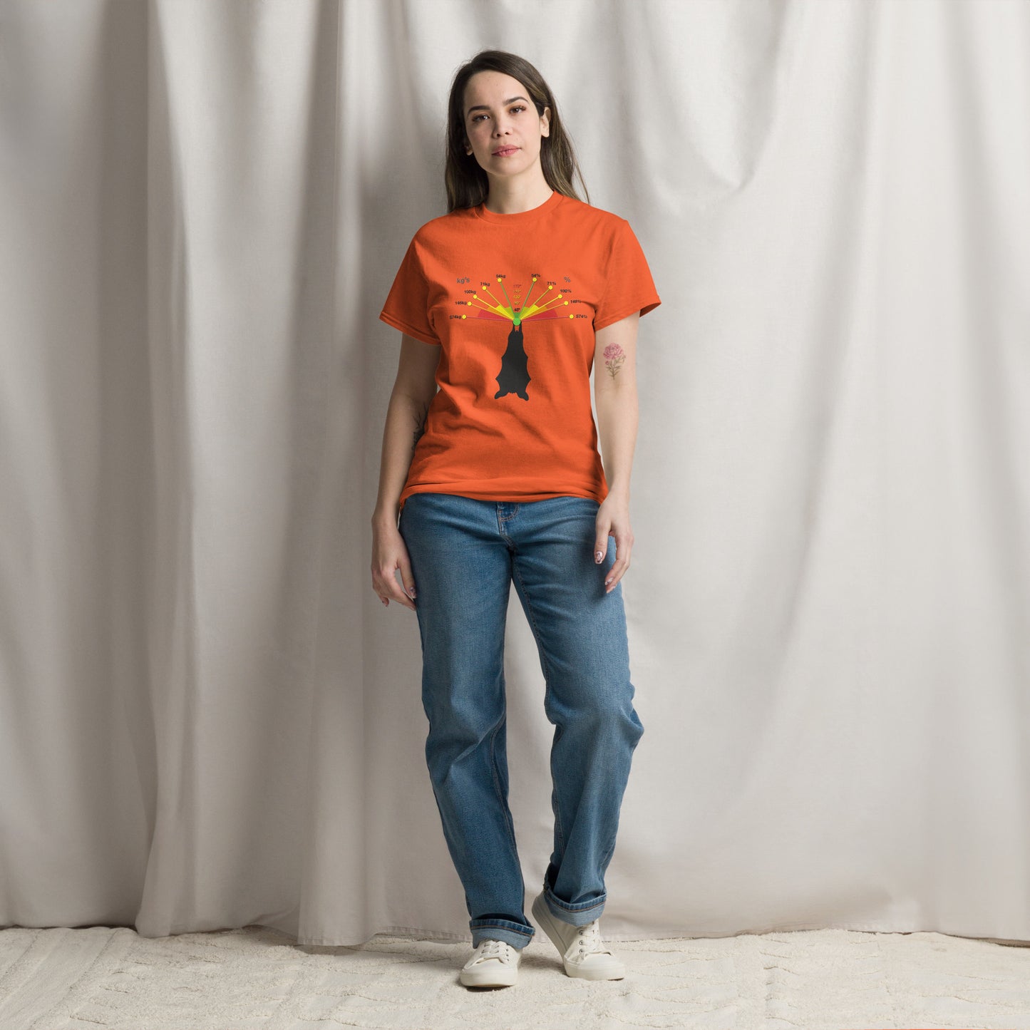 Unisex orange T-shirt featuring Caving Bat Vector Forces design by Knot Qualified, displayed from the front.