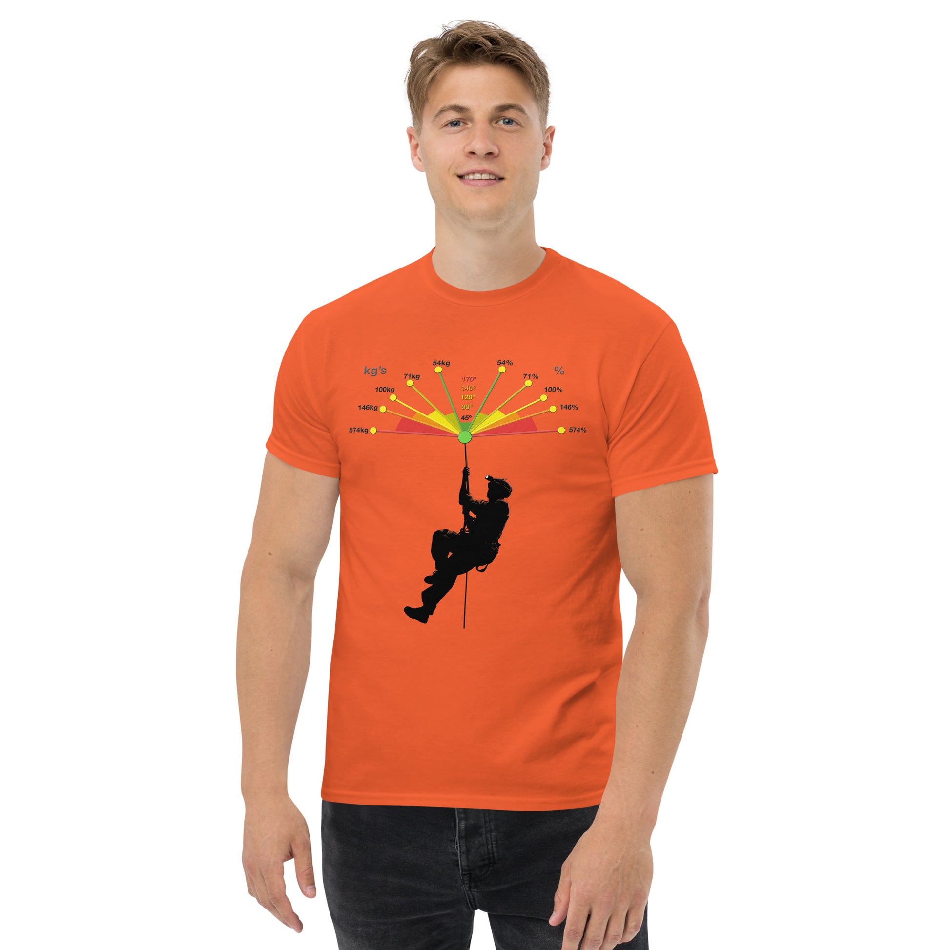 Unisex orange classic tee featuring Caver's Vector Forces design by Knot Qualified, displayed from the front.