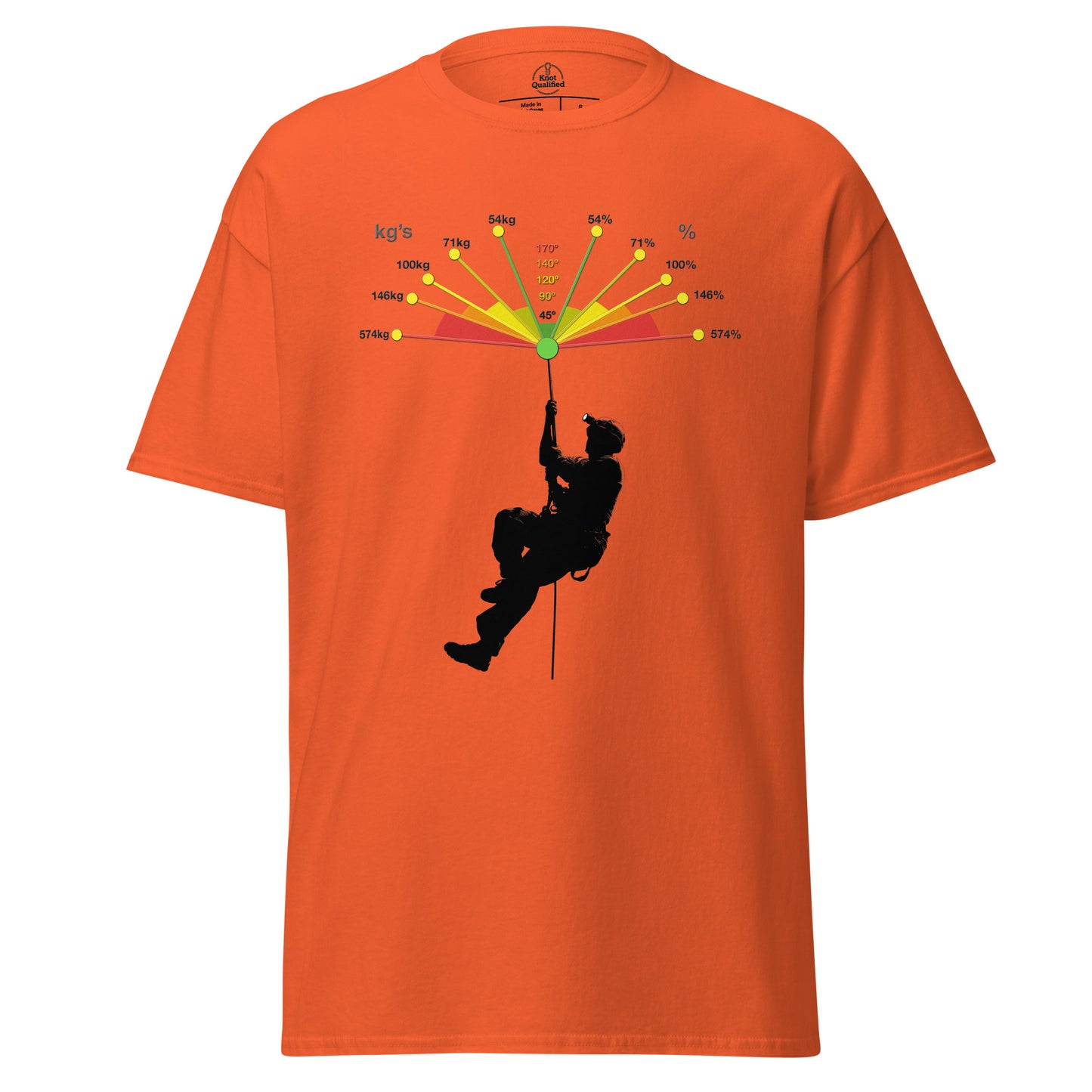 Unisex orange t-shirt featuring Vector forces design by Knot Qualified, displayed from the front.