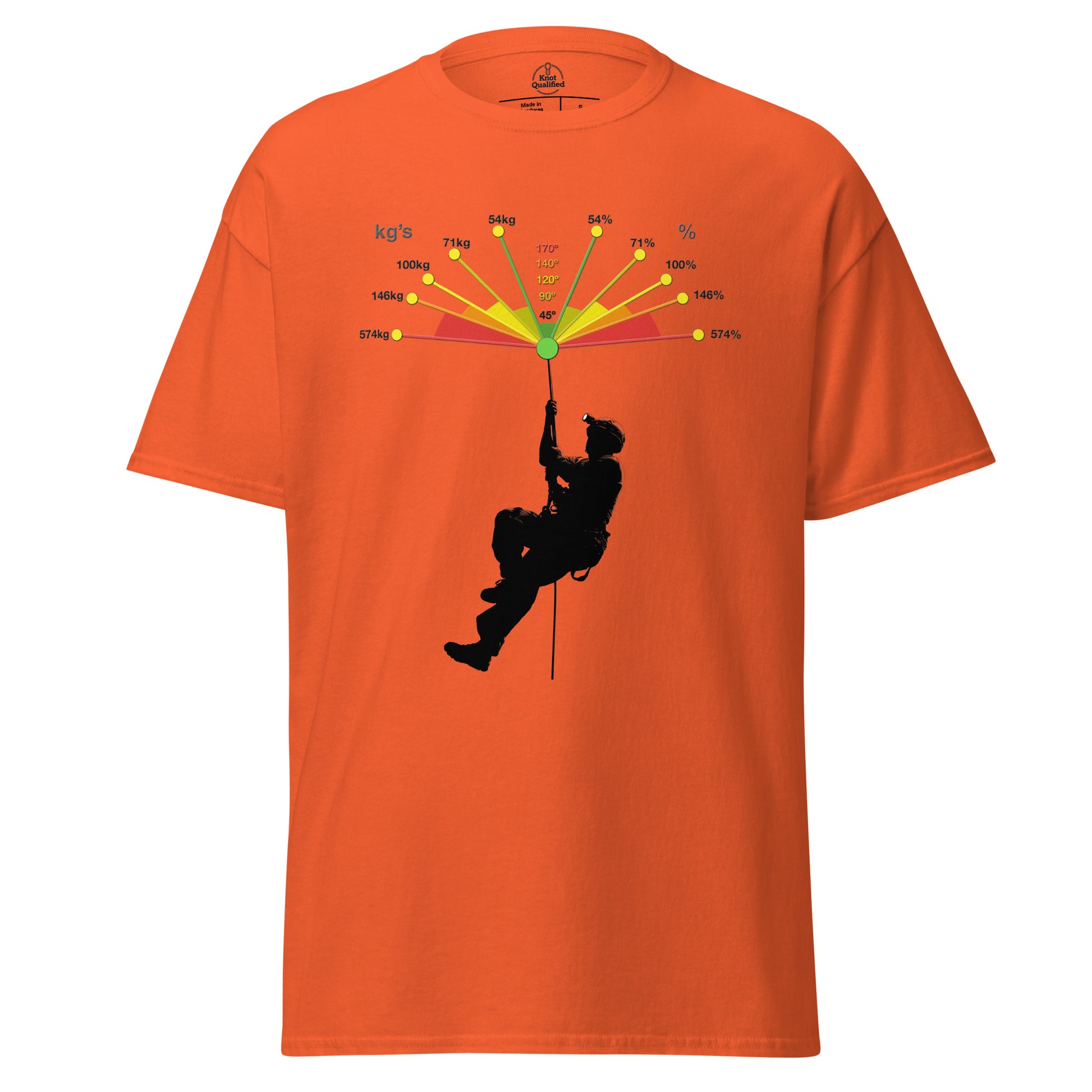 Unisex orange t-shirt featuring Vector forces design by Knot Qualified, displayed from the front.