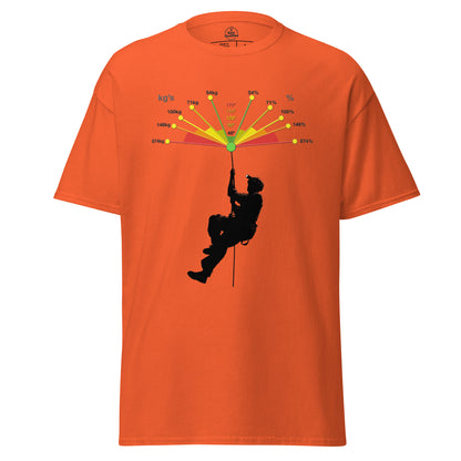 Unisex orange t-shirt featuring Vector forces design by Knot Qualified, displayed from the front.