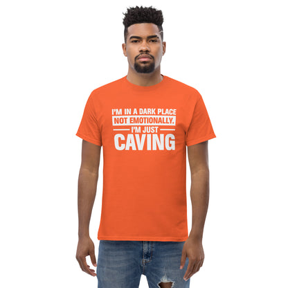 Unisex orange "I'm in a Dark Place" caving t-shirt by Knot Qualified, featuring a classic fit and graphic design on front.