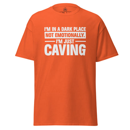 Orange unisex classic tee featuring "I'm in a Dark Place" graphic by Knot Qualified on the front.