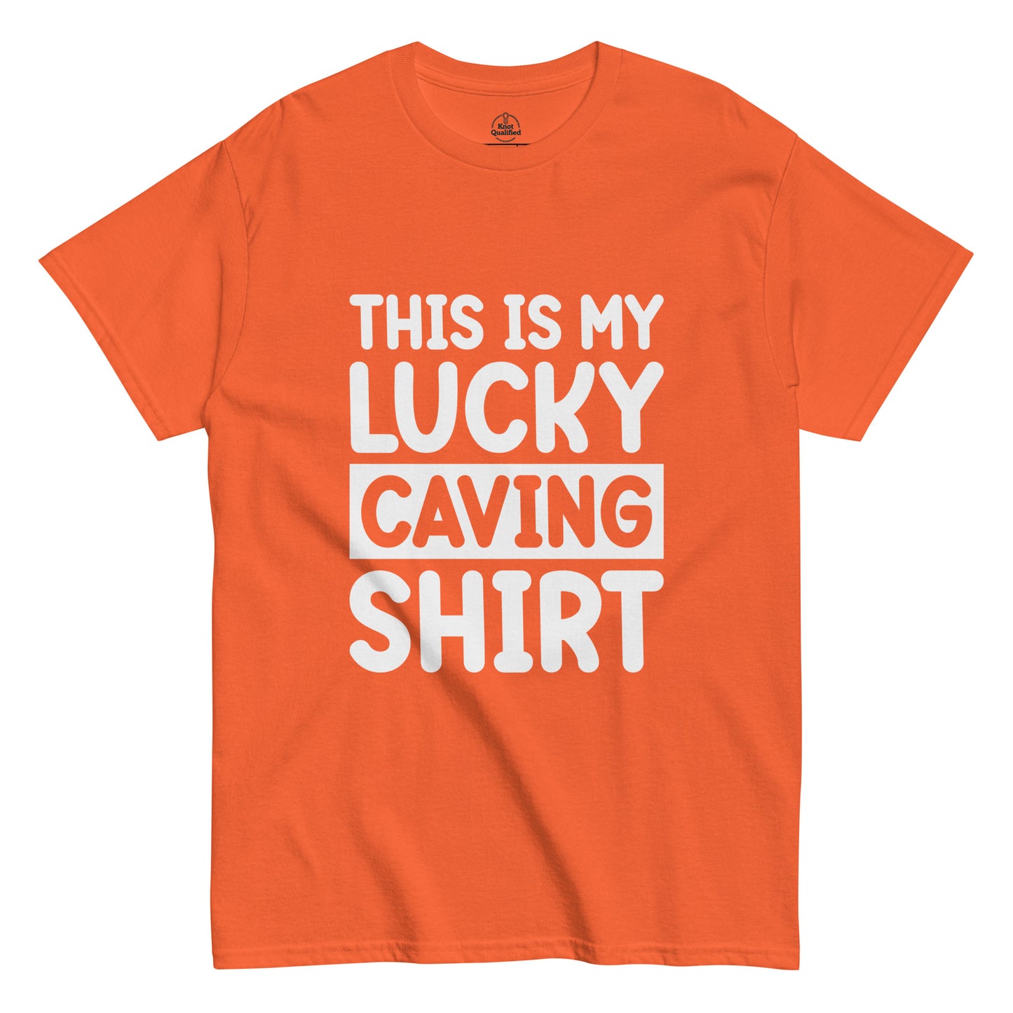 Unisex orange classic tee featuring "This is my Luck" graphic by Knot Qualified, displayed from the front.