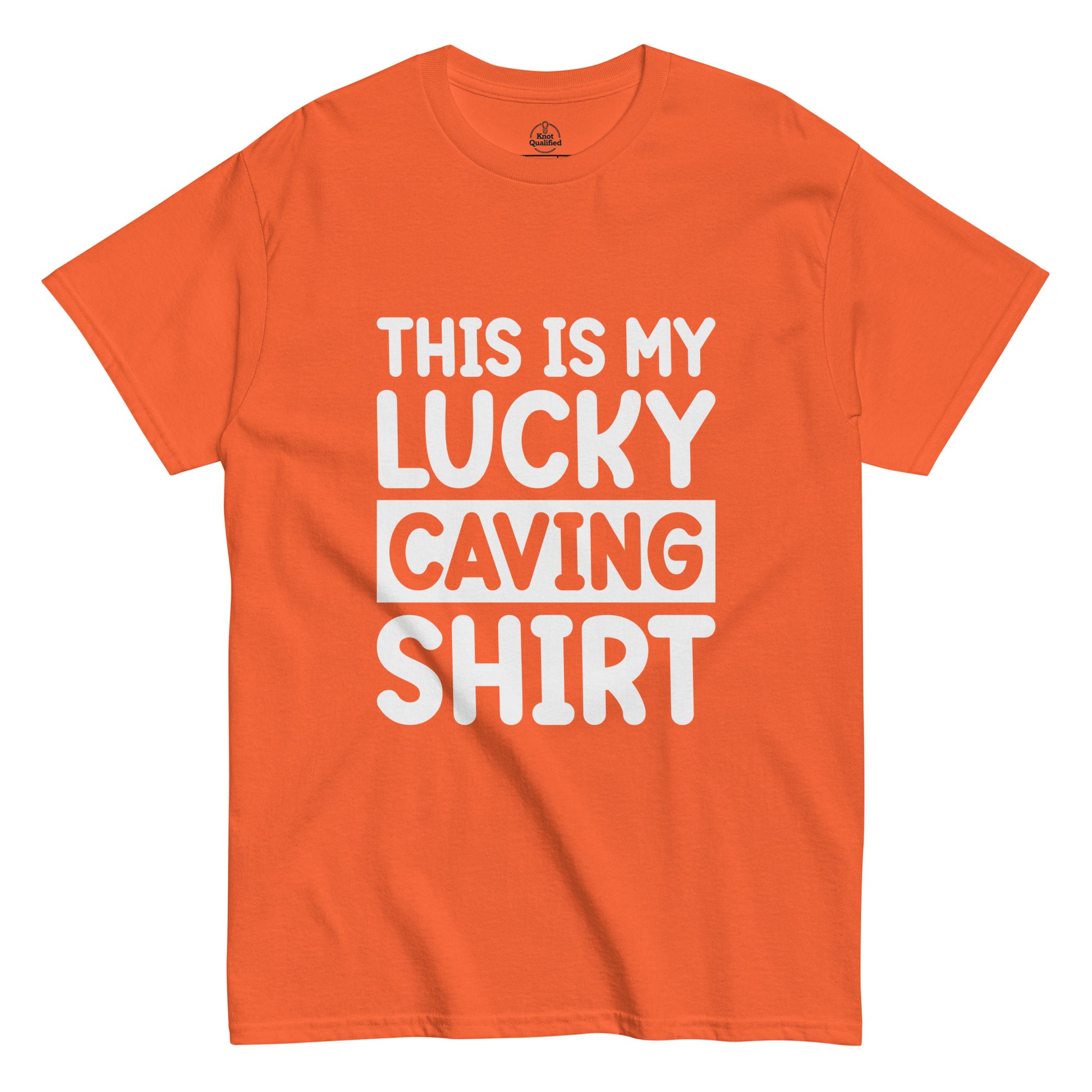 Unisex orange classic tee featuring "This is my Luck" graphic by Knot Qualified, displayed from the front.