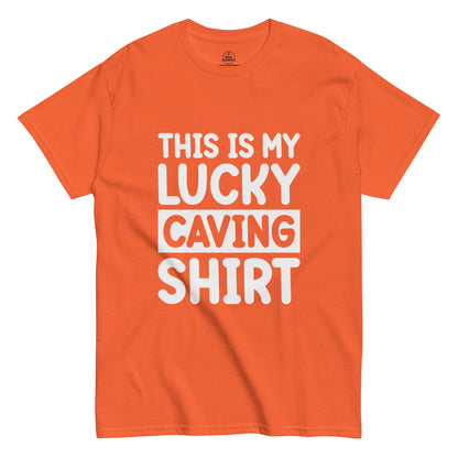 Unisex orange classic tee featuring "This is my Luck" graphic by Knot Qualified, displayed from the front.