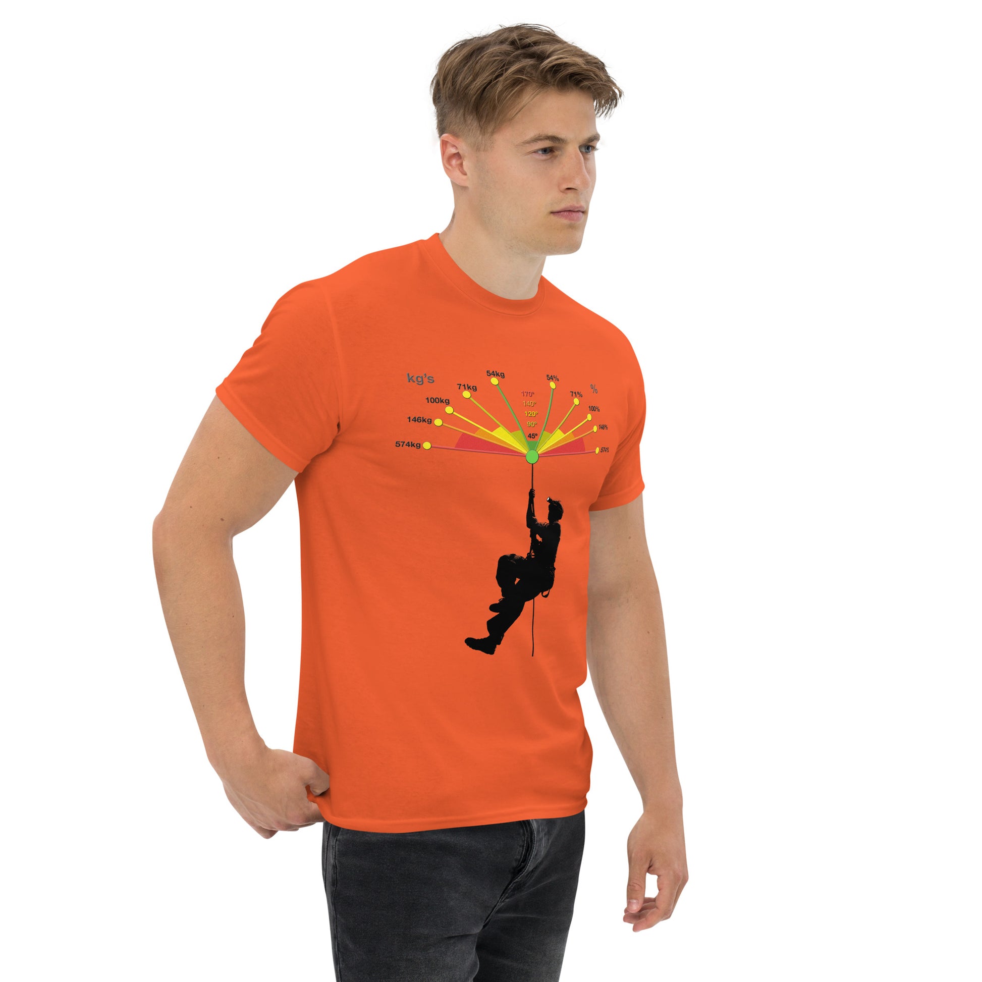 Unisex orange classic tee featuring Vector Forces design by Knot Qualified, displayed from the right front view.