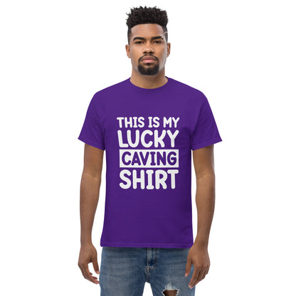 Unisex purple T-shirt by Knot Qualified featuring "This is my Luck" graphic on the front.