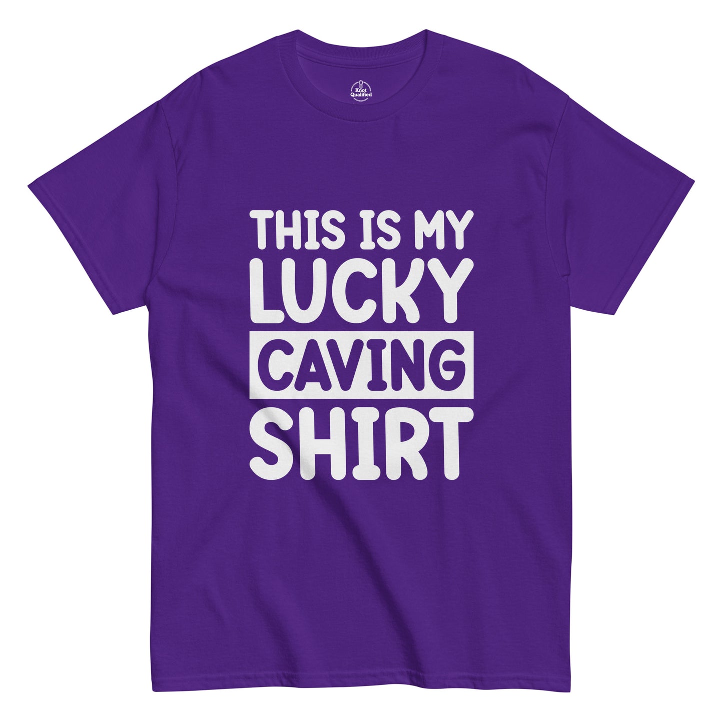 Purple unisex classic tee featuring "This is my Luck" graphic by Knot Qualified, displayed front view.