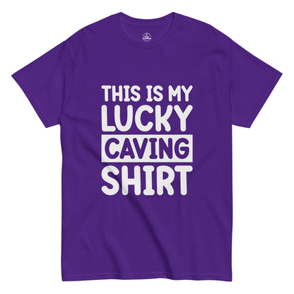 Purple unisex classic tee featuring "This is my Luck" graphic by Knot Qualified, displayed front view.