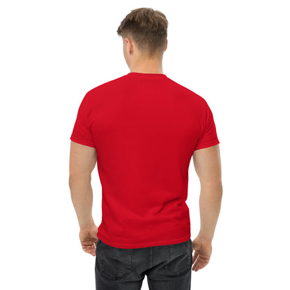Unisex classic red tee featuring a carabiner climbing graphic by Knot Qualified on the back.