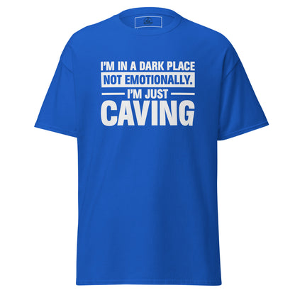 Unisex royal blue T-shirt featuring "I'm in a Dark Place" graphic by Knot Qualified.