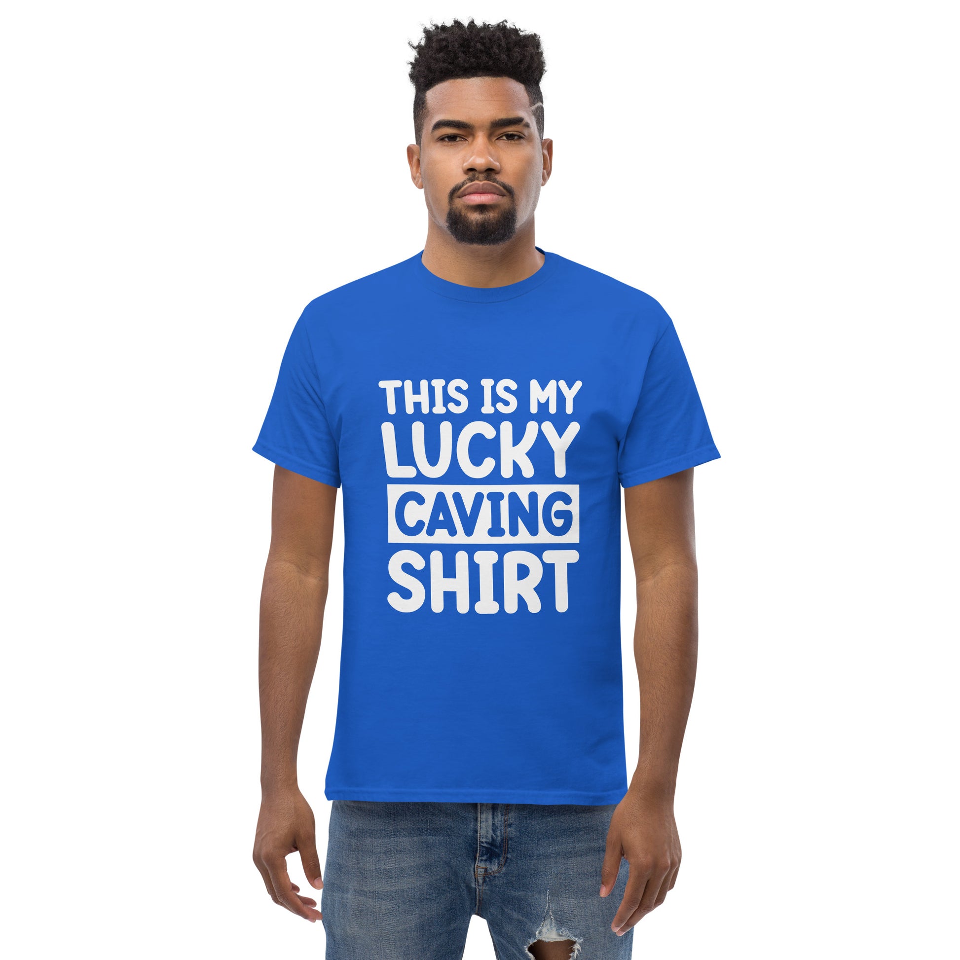 Unisex classic royal blue T-shirt featuring "This is my Luck" text design by Knot Qualified.