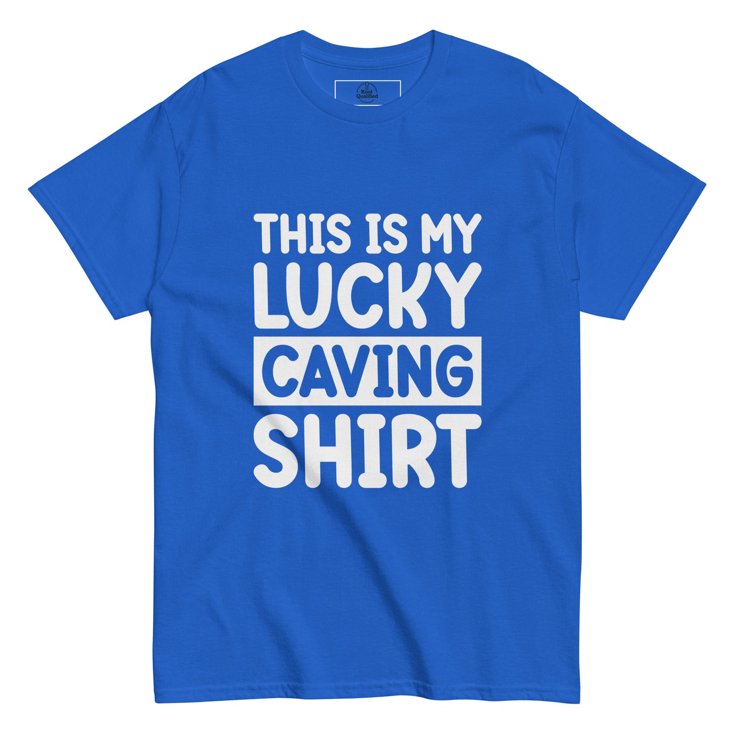 Unisex classic royal blue T-shirt featuring "This is my Luck" graphic by Knot Qualified.