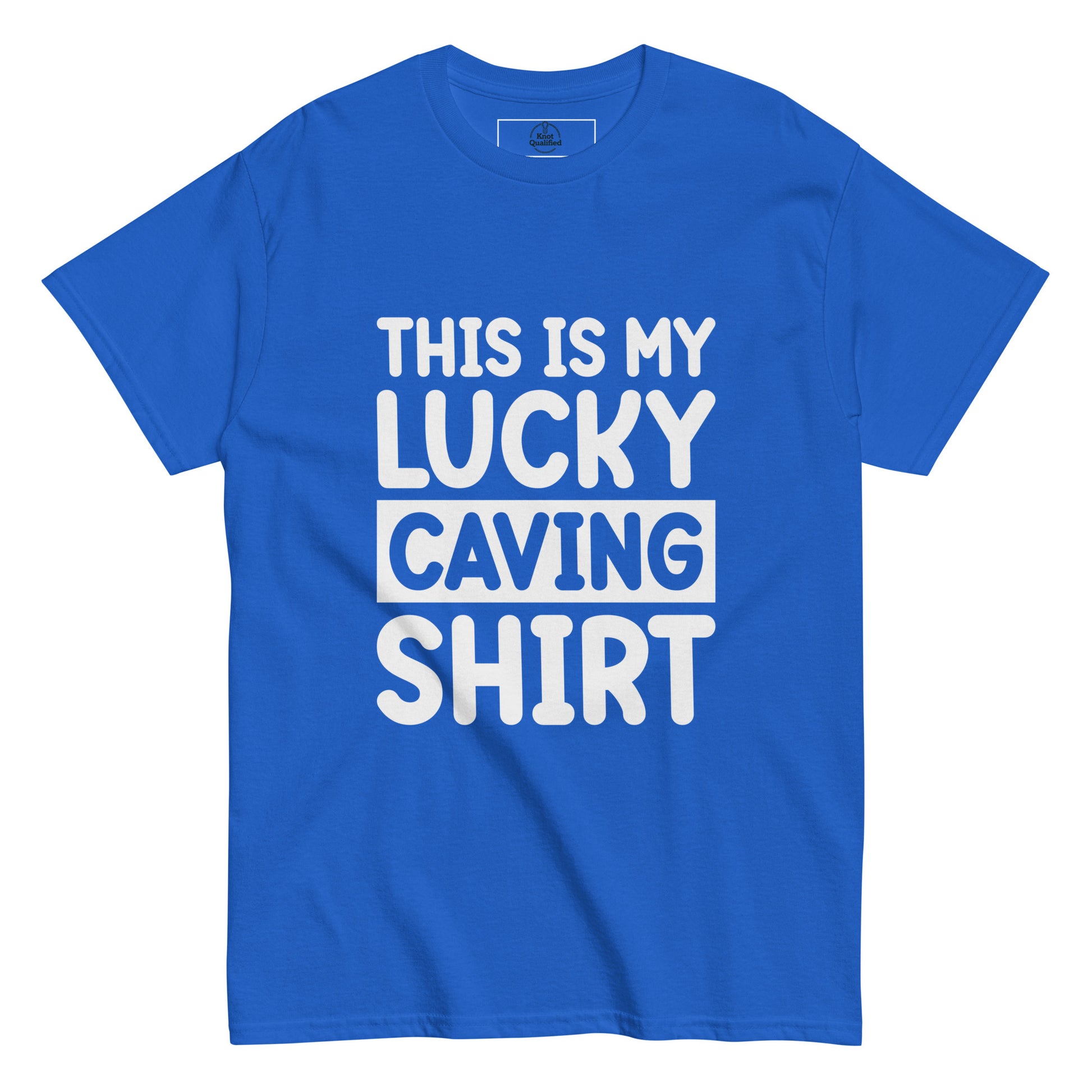 Unisex classic royal blue T-shirt featuring "This is my Luck" graphic by Knot Qualified.