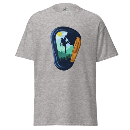 Sport grey unisex classic tee featuring a carabiner graphic by Knot Qualified, ideal for climbing enthusiasts.
