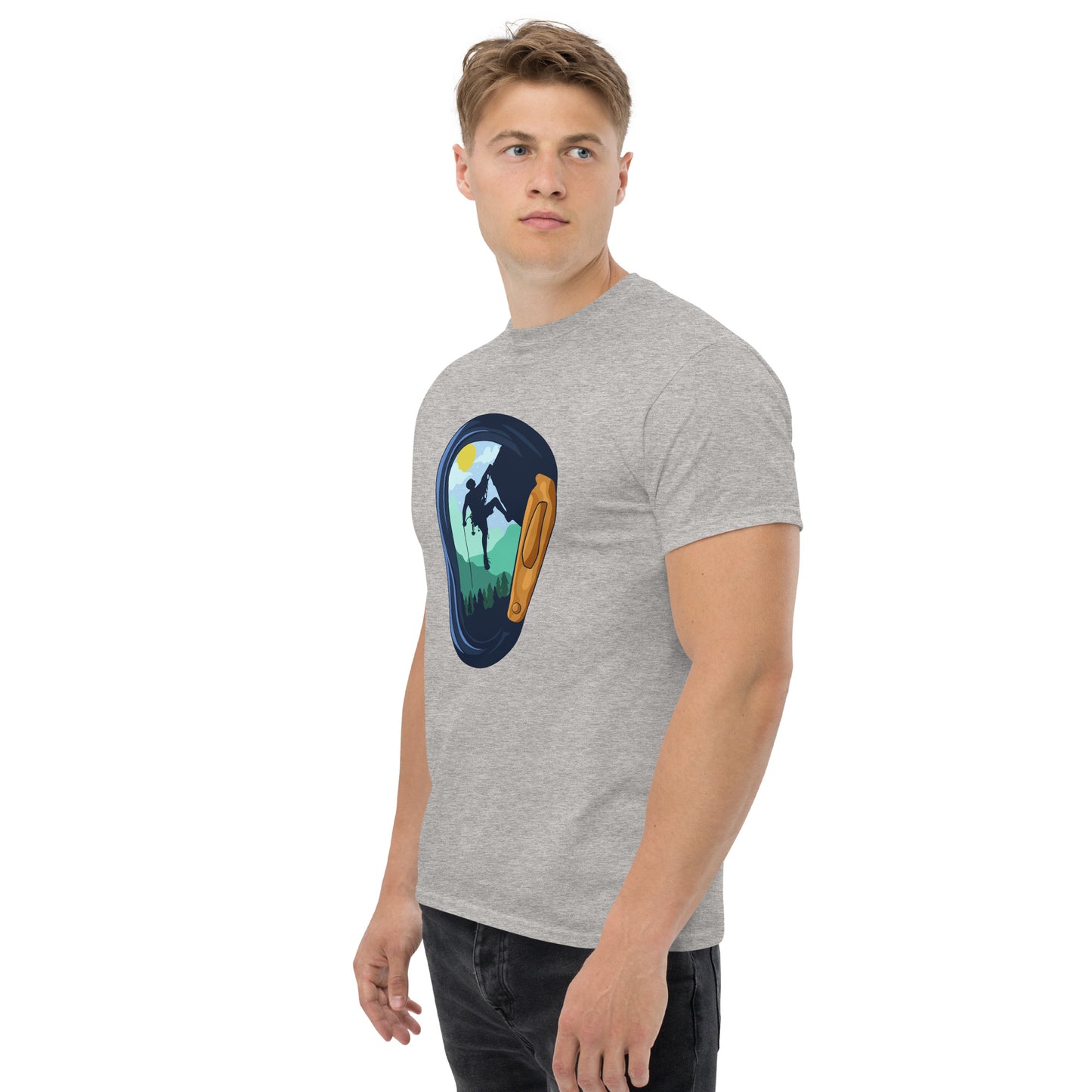 Sport grey unisex classic tee by Knot Qualified featuring a carabiner climbing graphic on the front.