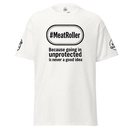 White unisex classic tee from Knot Qualified featuring "MeatRoller" graphic on the front.