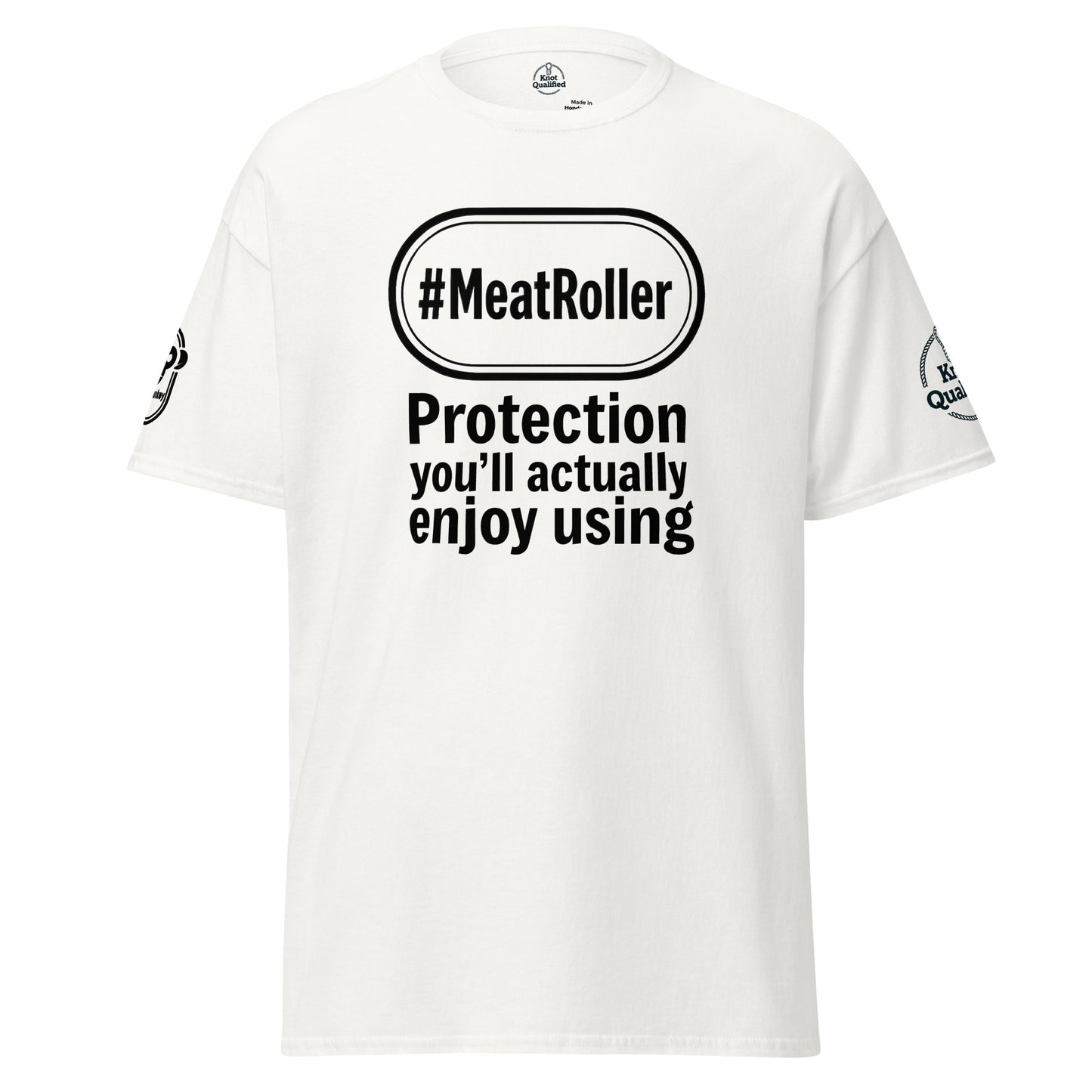 White unisex classic tee by Knot Qualified featuring a fun meatroller graphic on the front.