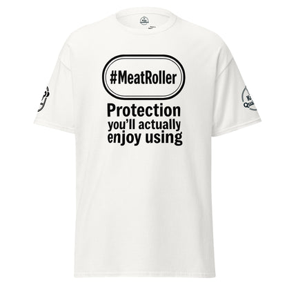 White unisex classic tee by Knot Qualified featuring a fun meatroller graphic on the front.