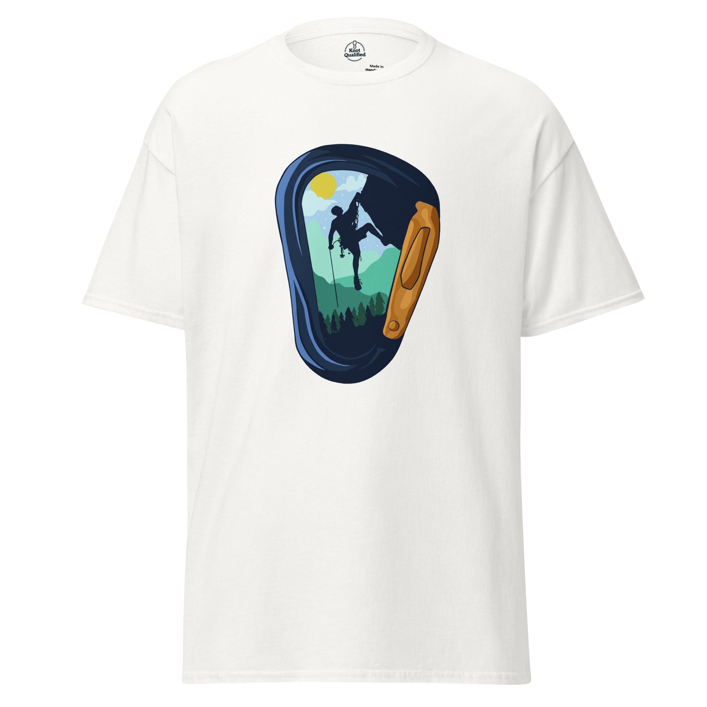 Unisex classic white tee featuring a carabiner graphic by Knot Qualified, ideal for climbing enthusiasts.