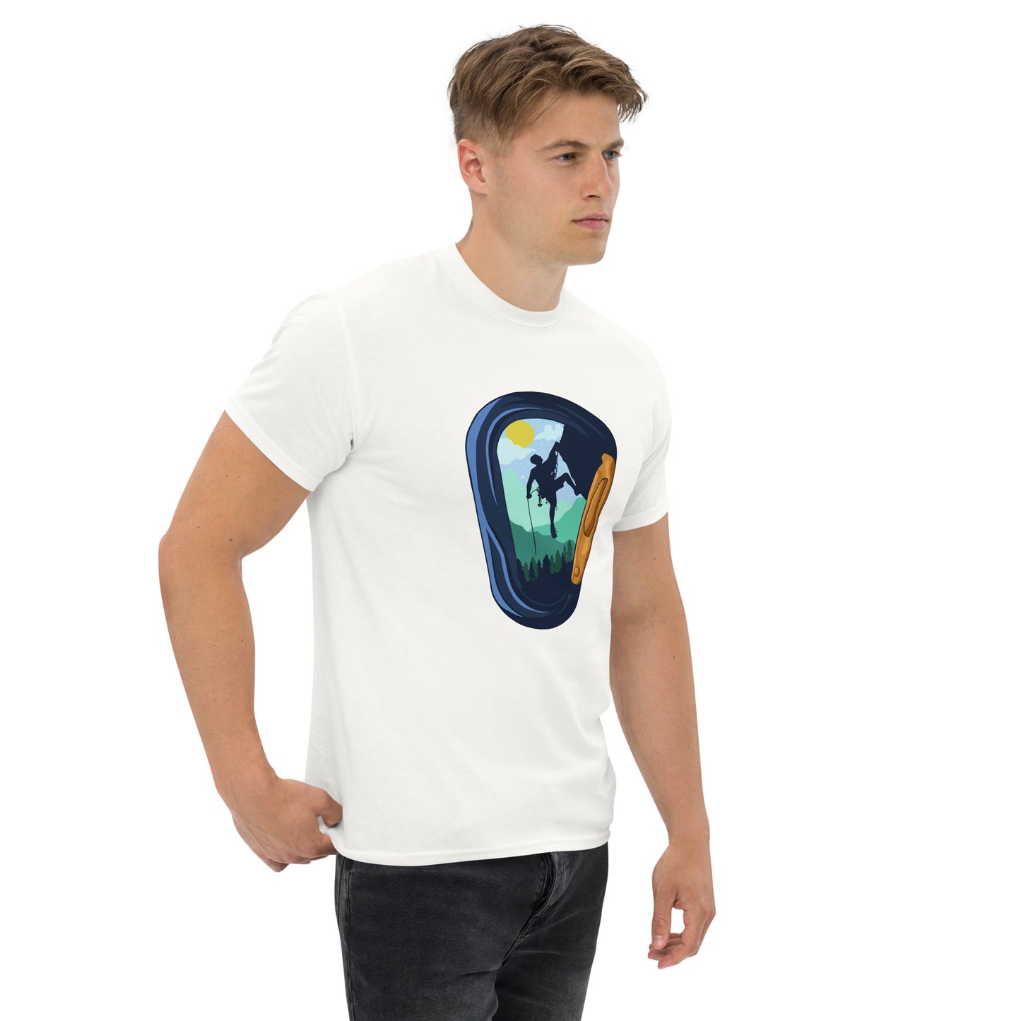 White unisex classic tee featuring a carabiner graphic by Knot Qualified, displayed from the right front angle.