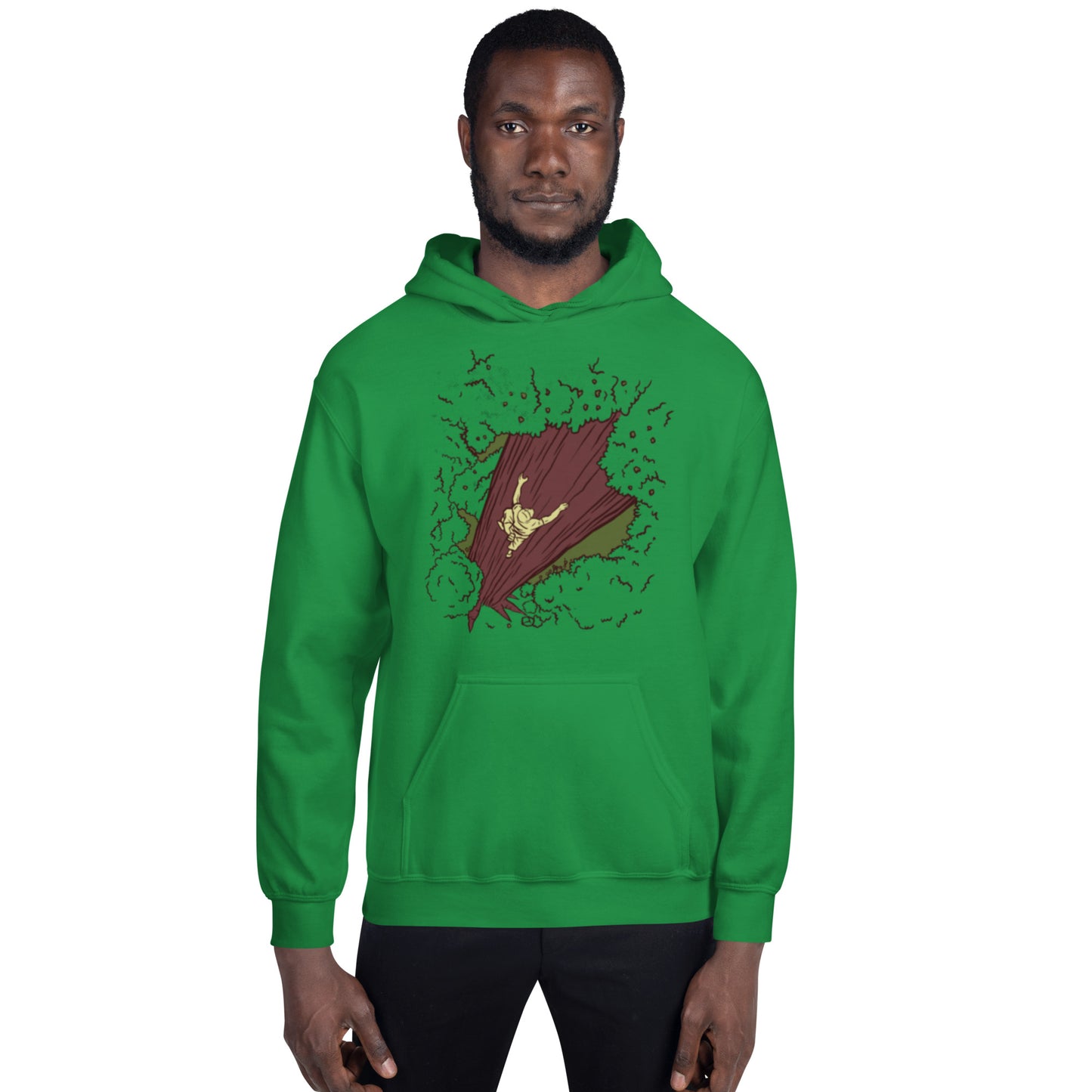 Unisex heavy blend Irish green hoodie featuring a tree climbing design by Knot Qualified for arborists.