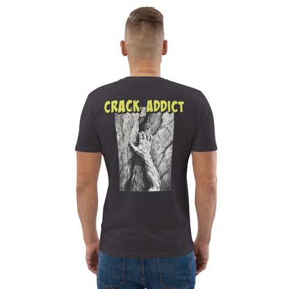 Unisex heavy organic cotton tee in anthracite with "Crack Addict" backprint by Knot Qualified for climbing enthusiasts.