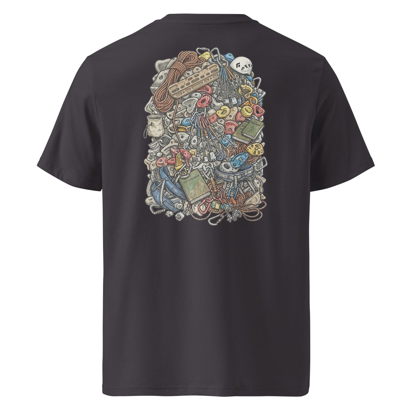 Unisex organic cotton t-shirt in anthracite with a technical climbing gear illustration backprint by Knot Qualified.