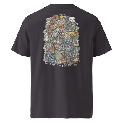 Unisex organic cotton t-shirt in anthracite with a technical climbing gear illustration backprint by Knot Qualified.