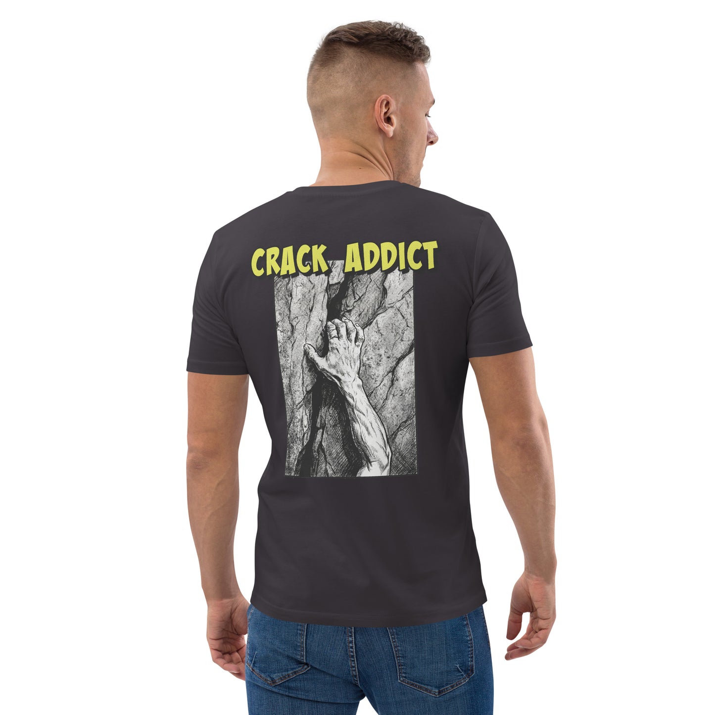 Unisex heavyweight organic cotton climbing tee in anthracite with "Crack Addict" back print by Knot Qualified.