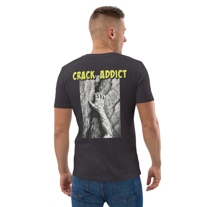 Unisex heavyweight organic cotton climbing tee in anthracite with "Crack Addict" back print by Knot Qualified.