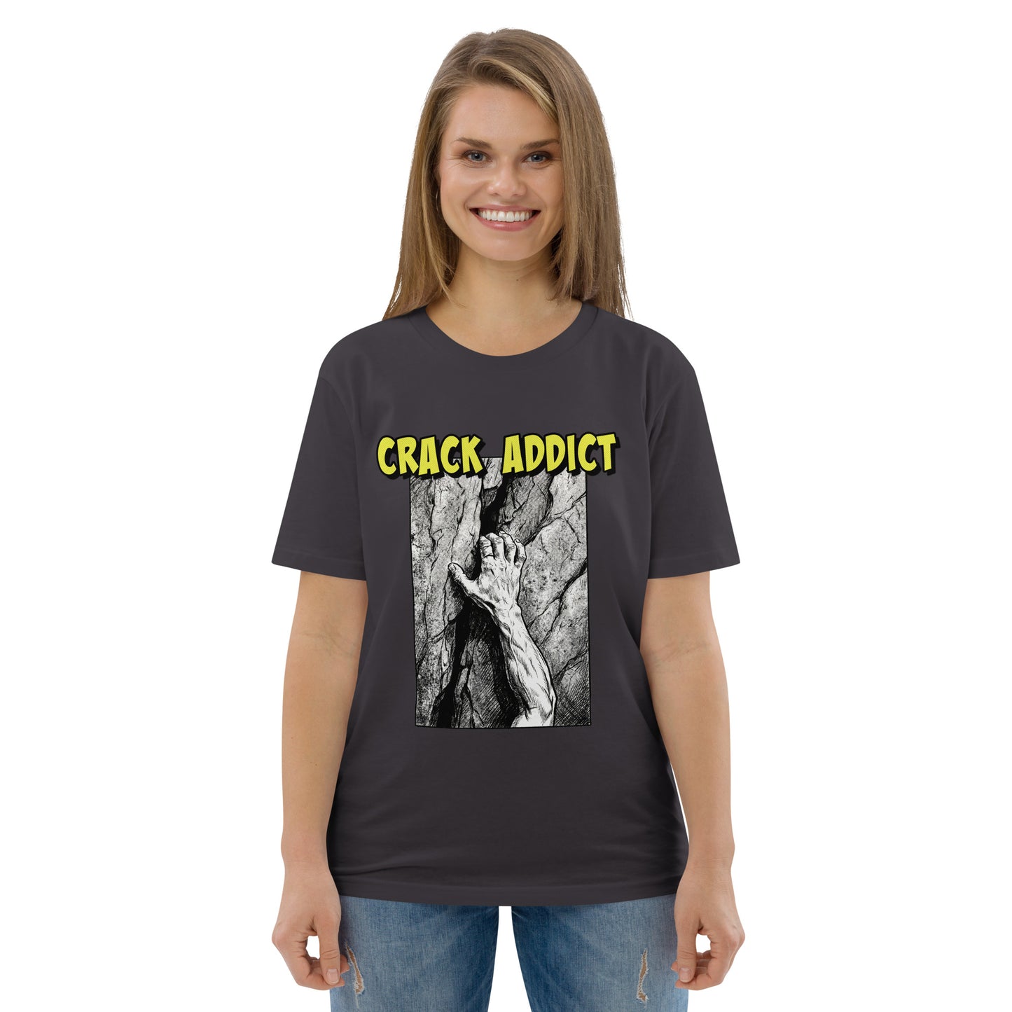 Unisex heavyweight organic cotton T-shirt in anthracite featuring Crack Addict Hand Jam design by Knot Qualified.