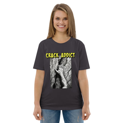 Unisex heavyweight organic cotton T-shirt in anthracite featuring Crack Addict Hand Jam design by Knot Qualified.